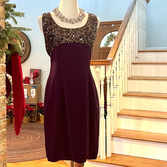 Y2K Black Tie,Oleg Cassini,Lux Plum Beaded Sequin Cocktail Evening Dress,Size 10 - Picture 2 of 10